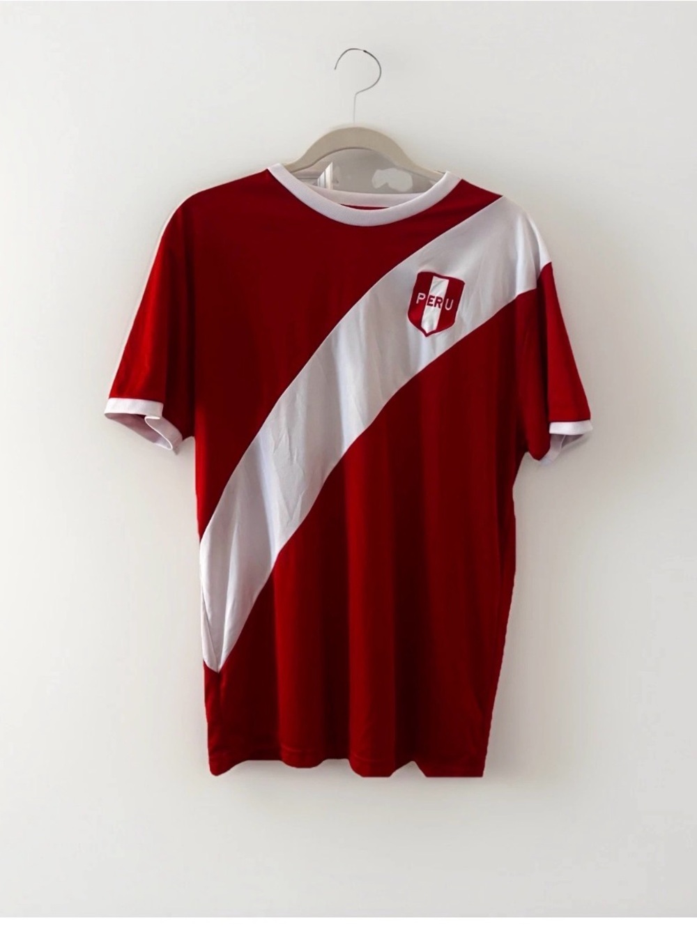 Peru Soccer Jersey XL Red White Diagonal Stripe Sash Futbol Shirt NWOT